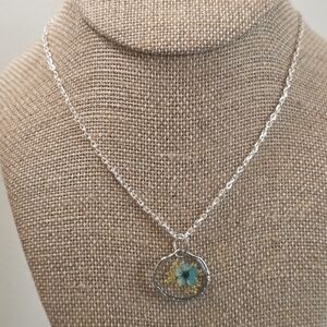 Silver Necklace with Blue and Yellow Floral Pendant